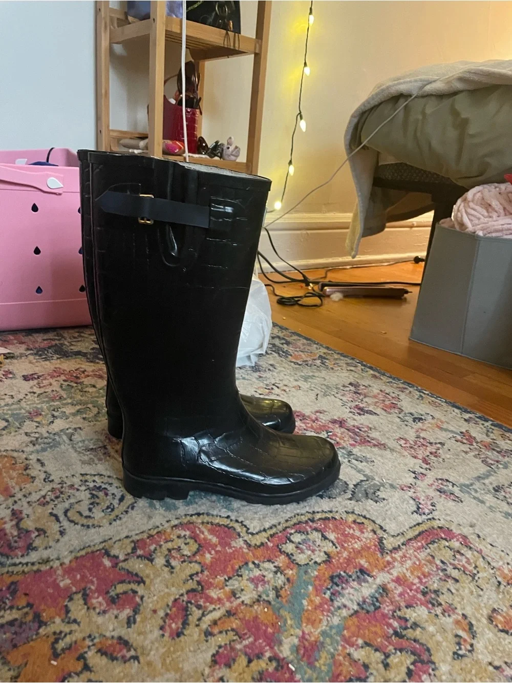 Forever Young Black Croc-Embossed Waterproof Rain Boots